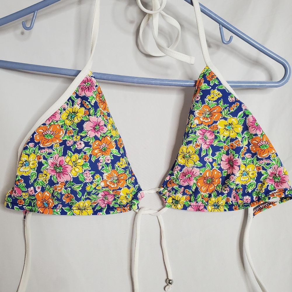 Floral Bikini Top Blue Multicolor Flowers Ralph Lauren Size S Small Women Swim